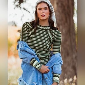 Gimmicks by BKE Olive Striped Long Sleeve Top With Crochet Details